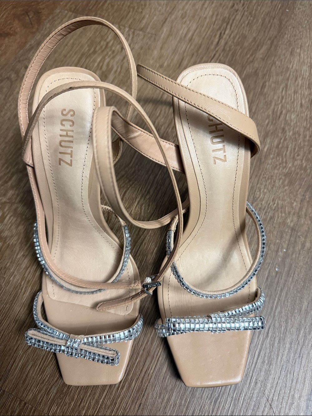 SCHUTZ Nude Embellished Slingback Heels with Rhinestone Bow 8.5